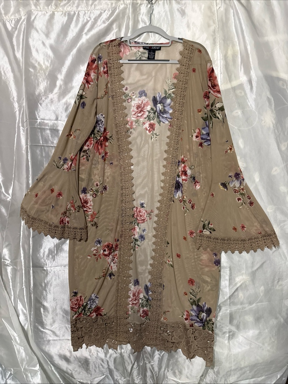 Polly & Esther Women's Tan Floral Kimono Cardigan Size L Sheer Bell Sleeves Lace